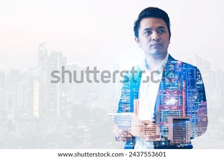 The businessman is depicted through a mesmerizing double exposure technique, where his silhouette intertwines with various urban landscapes or business-related imagery.
