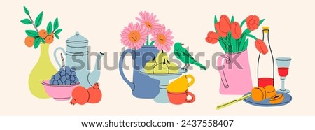 Classical still life pictures set. Flowers in vase, fruits on plate, bottle with drink. Hand drawn colorful Vector illustration. Isolated design elements. Poster, icon, logo, print templates Royalty-Free Stock Photo #2437558407