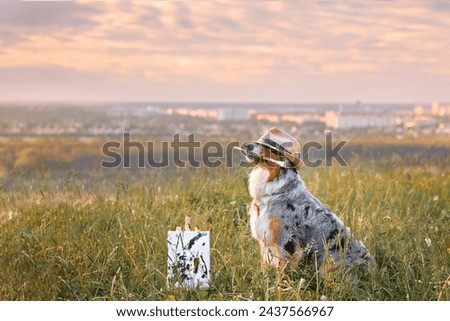 A dog of the Australian Shepherd breed, tricolor, gray, paints a picture with a brush in nature. The animal holds a brush in its teeth. Content for the site.