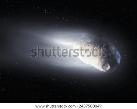 Comet nucleus at close range. A large comet covered with craters. Evaporation of matter from the surface of a celestial body.