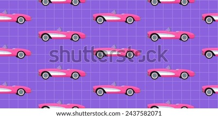 Pink classic corvette car seamless pattern on violet background. Retro american automobile design illustration for textile, wrapping paper, fabric, wallpaper, vintage cover. Vector Royalty-Free Stock Photo #2437582071