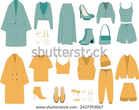 set of women's clothing in flat style on a white background, vector