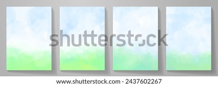 Set of summer landscape vector watercolor background with blue sky, white clouds and green field. Watercolor illustration for interior, flyers, poster, cover. Abstract modern hand draw painting.