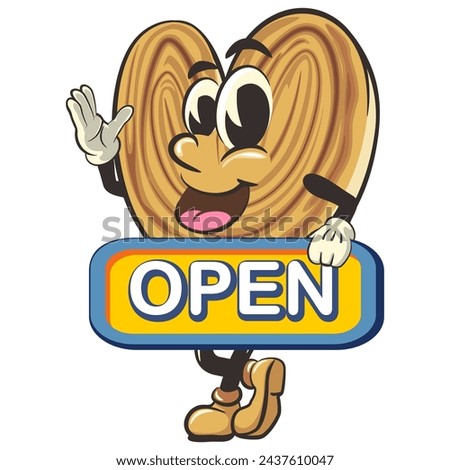 palmeritas cookies cartoon vector isolated clip art illustration mascot carrying a sign that says open, work of handmade