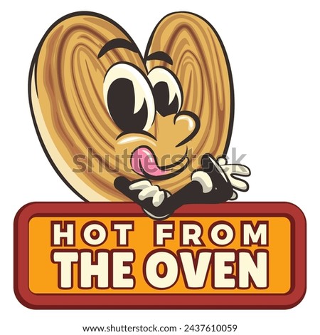 palmeritas cookies cartoon vector isolated clip art illustration mascot carrying a sign that says hot from the oven, work of handmad