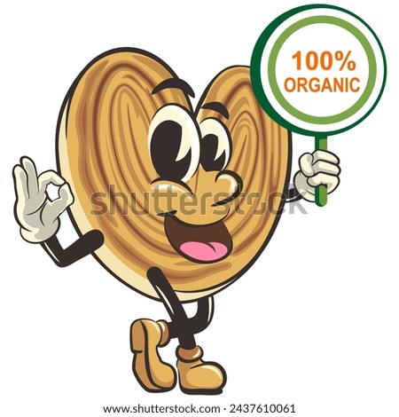 palmeritas cookies cartoon vector isolated clip art illustration mascot carrying a sign that says one hundred percent organic, work of handmade
