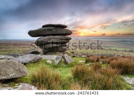 The Cheesewring a huge granite rock formation near the Minions on Bodmin Moor in Cornwall