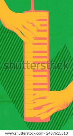 Abstract illustration of hands playing tall, yellow, stylized keyboard. Promotional material for a cultural festival highlighting indigenous music. Concept of music, festival, creativity, retro and