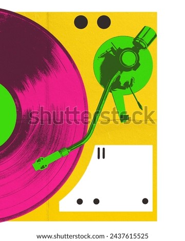 Stylized vinyl record and turntable tonearm on a dual-tone background. Album artwork for an electronic music artist. Concept of music, festival, creativity, retro and vintage. Creative design