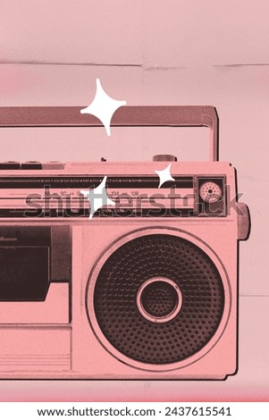 Pink boombox, retro radio on monotone. Promotional image for retro music festival. 1980s or 1990s pop culture art. Concept of music, festival, creativity, retro and vintage. Creative design Royalty-Free Stock Photo #2437615541