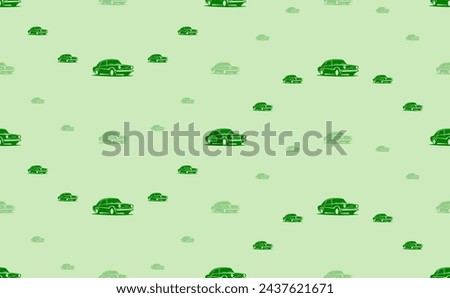 Seamless pattern of large and small green vintage car symbols. The elements are arranged in a wavy. Vector illustration on light green background