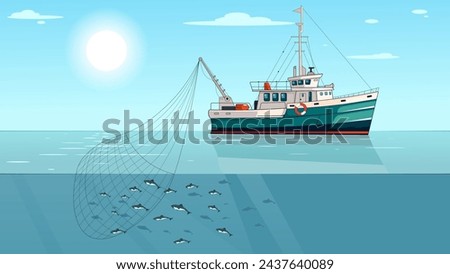 Seiner ship with fishing net catching fish, work in ocean, seascape, sunrise, large boat, nautical maritime adventure. Concept of atlantic vehicle. Gifts of the sea. Vector illustration