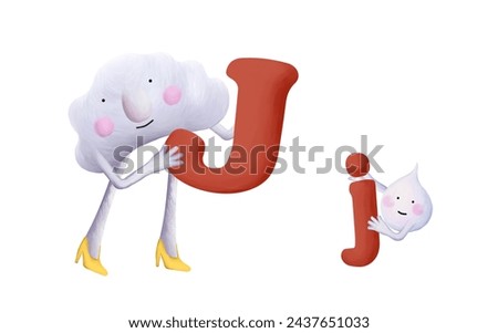 Bright cartoon alphabet. Mama cloud with big letter and cute drop with small letter J. Illustration set on white background