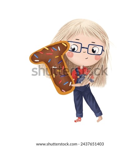 Cute little girl with chocolate donut- letter T on white background. Learn alphabet clip art collection