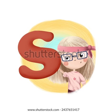 Cute little girl with letter S. Colorful cartoon graphics. Learn alphabet clip art collection on white background