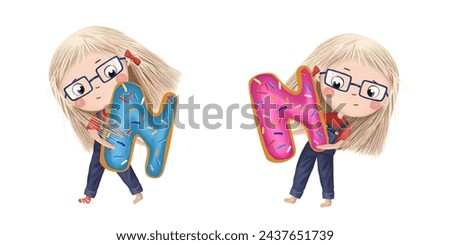 Cute little girl with chocolate donut- letter N. Tasty set on white background. Learn alphabet clip art collection