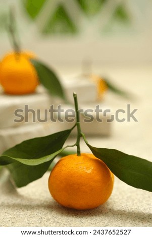 Small orange or tangarine on brown background. Jeruk Royalty-Free Stock Photo #2437652527