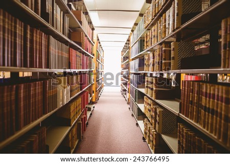 Close up of a bookshelf in library