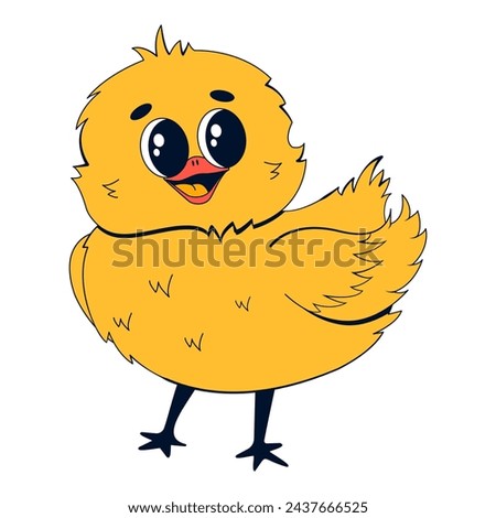 Cute little chicken character in retro cartoon style. Vector illustration of a small yellow bird on a white isolated background.