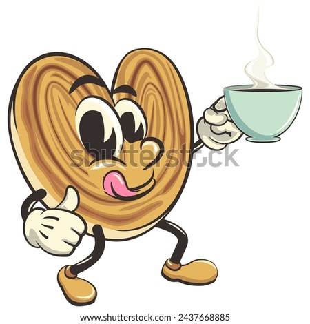 palmeritas cookies cartoon vector isolated clip art illustration mascot with a cup of coffee or tea, work of handmade
