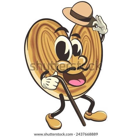 palmeritas cookies cartoon vector isolated clip art illustration mascot carrying a stick and saluting with raised hat, work of handmade