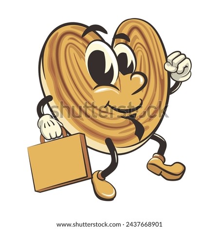palmeritas cookies cartoon vector isolated clip art illustration mascot wearing a tie and carrying a suitcase rushing to the office, work of handmade