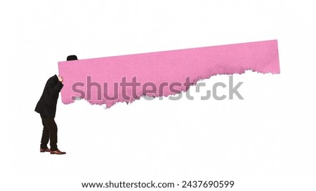 Modern aesthetic artwork. Person in overcoat pushing against large pink textured piece of paper as wall against white background. Concept of modern lifestyle, nostalgia, mood, vintage style, fashion