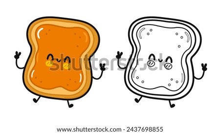 Toast piece of bread with peanut butter characters bundle set. Vector hand drawn cartoon kawaii illustration. Cute Toast piece bread with peanut butter. Outline cartoon illustration for coloring book