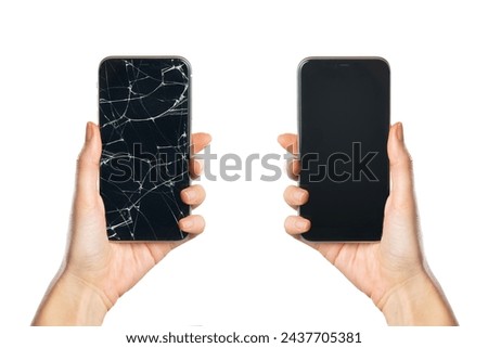 Woman hand holding smartphone with broken screen near to a new glass after restoration isolated on white background. Close up of hands of young woman holding cellphone that need to be fixed.