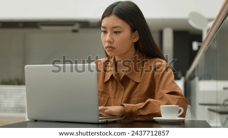Close up Asian business girl businesswoman manager office worker japanese chinese woman student studying online working remote e-learning chatting with clients email browsing internet computer laptop