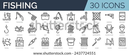 Set of 30 outline icons related to fishing.Linear icon collection. Editable stroke. Vector illustration