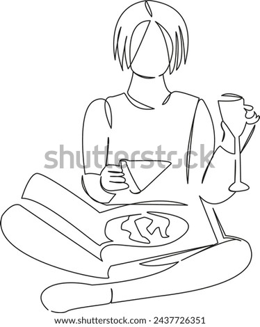 One continuous single drawing line art flat doodle hand, wine, female, woman, champagne, girl, young, pizza, alcohol. Isolated image hand draw contour on a white background, hand drawn, not AI