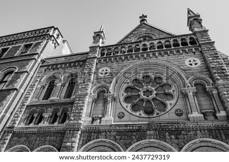 A place of religious devotion in the heart of the hectic Irish capital. This wonderful place of worship, dating back to the 1700s, has a splendid facade with a central rose window. Royalty-Free Stock Photo #2437729319