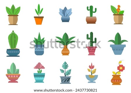 Set of house plants in pots, on stands. Isolated template of green cactus, monstera leaf, fern, ficus, zamioculcas. Botanical illustration of bushes, branches for home interior. vector illustration.