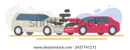 Cars crash illustration vector, two vehicles wreck accident collision graphic, auto broken smoke red white flat cartoon image, automobile traffic front collide clip art cute modern design