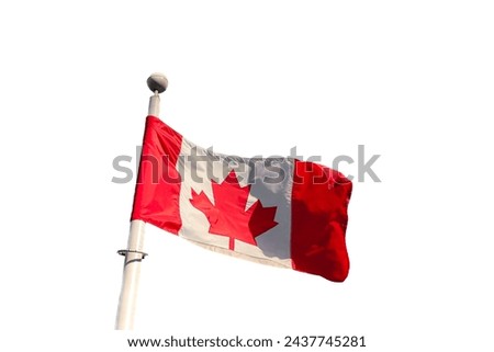 Canadian Flag blowing in the wind isolated on white background. The national flag of Canada colored in red and white with a maple leaf in the center Royalty-Free Stock Photo #2437745281