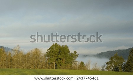 At eight o'clock in the morning, the blue sky with its clouds and the fog refine the picture. The fog lies in the valley and disappears into the distance.