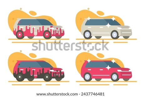 Car dirty washed flat cartoon vector illustration graphic set, auto vehicle clean shiny and messy, automobile carwash service image clip art red yellow white modern design