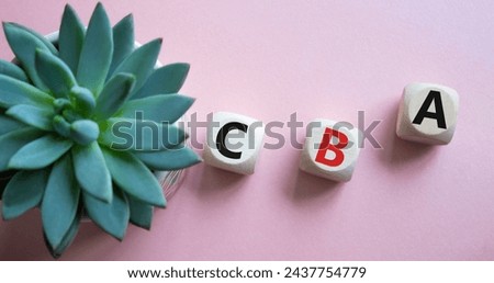 CBA - Cost Benefit Analysis symbol. Wooden cubes with word CBA. Beautiful pink background with succulent plant. Business and Cost Benefit Analysis concept. Copy space.