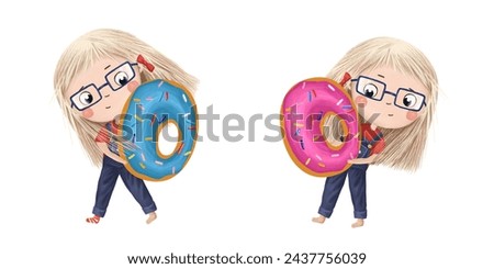 Cute little girl with chocolate donut- letter O. Tasty set on white background. Learn alphabet clip art collection