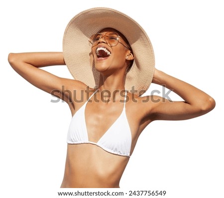 laughing girl wearing a sun hat, sunglasses and bikini, African latin American woman isolated on white background. Concept of a seaside holiday or shopping for a summer beach holiday