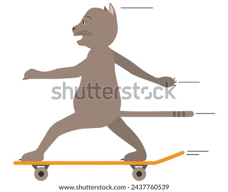 A cartoon cat is enjoying a speedy ride on a skateboard
