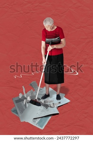 Contemporary art collage. Senior woman collects garbage with a brush - newspaper scraps as fake news isolated over color background. Fake information on media. Concept of creativity, imagination