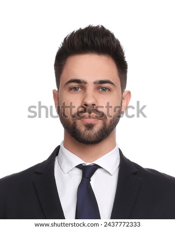 Passport photo. Portrait of young man on white background Royalty-Free Stock Photo #2437772333