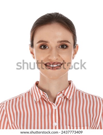 Passport photo. Portrait of young woman on white background