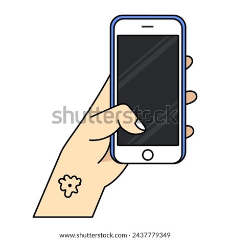 Smartphone in hand. Cartoon hand holding smartphone with blank screen cellphone concept