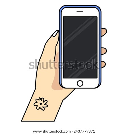 Smartphone in hand. Cartoon hand holding smartphone with blank screen cellphone concept