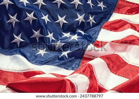 American flag, stars and stripes for nation with wallpaper, graphic or background with fabric texture. Red, blue and white, pride and US history for Independence day celebration, event and patriotism