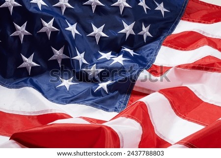 US flag, stars and stripes for nation with wallpaper, graphic or background with fabric texture. Red, blue and white, pride and American history for Independence day celebration, event and patriotism