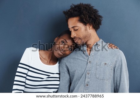 Happy, portrait and black couple hug with love on studio background together with cool fashion. African, people and smile in embrace for profile picture with casual style and clothes on mockup space